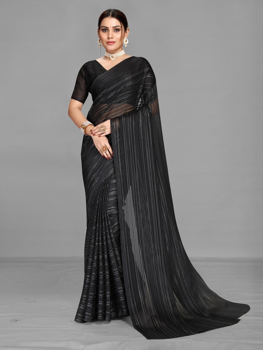 

Ethnic Yard Striped Poly Georgette Saree, Black