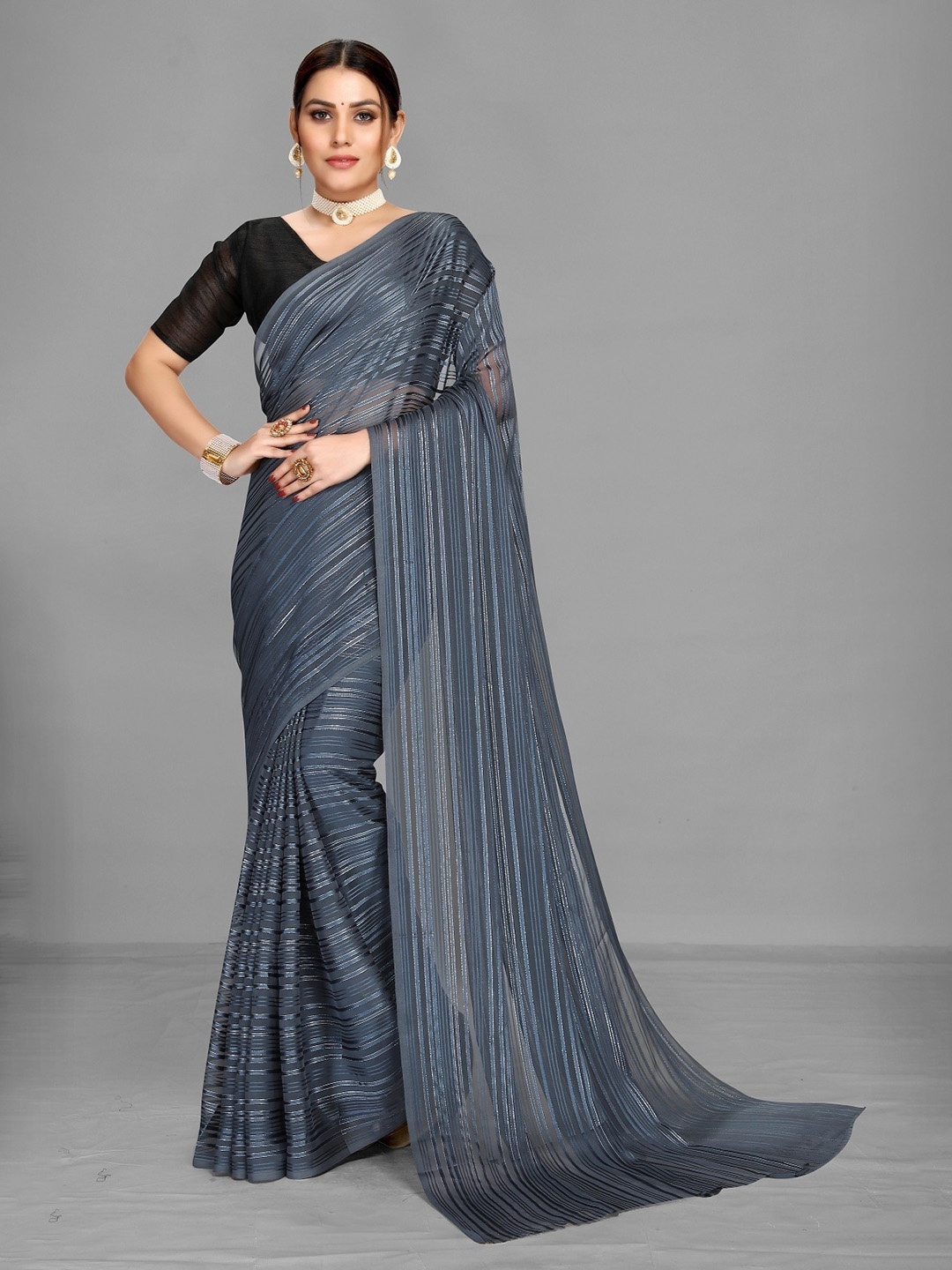

Ethnic Yard Striped Pure Georgette Saree, Grey