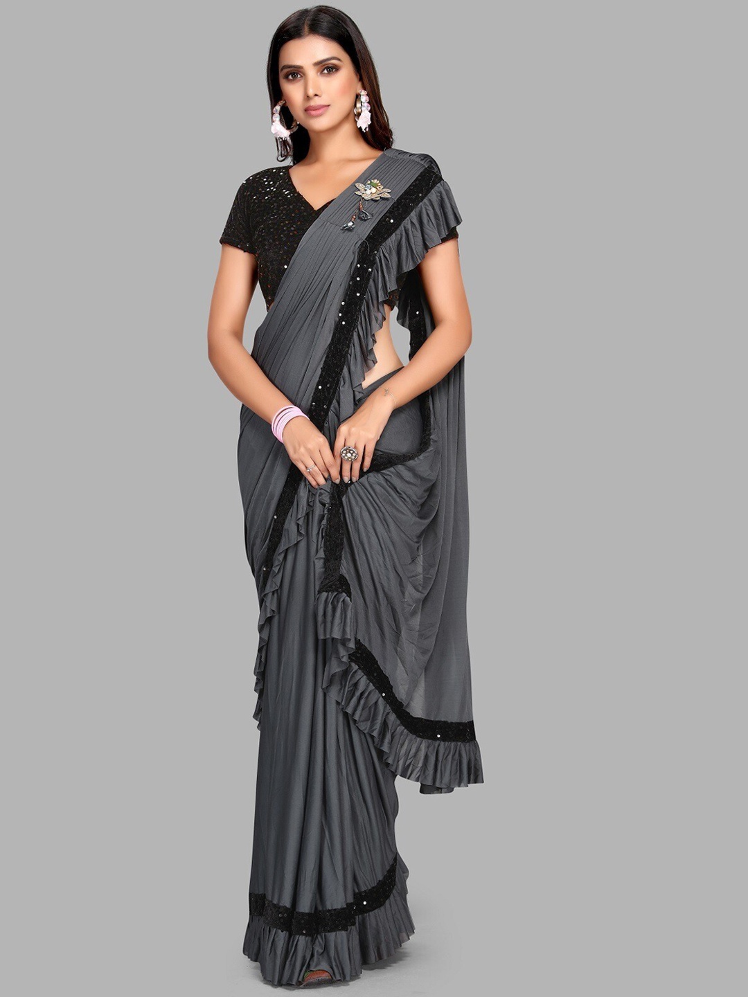 

Ethnic Yard Grey Sequinned Ruffled Saree