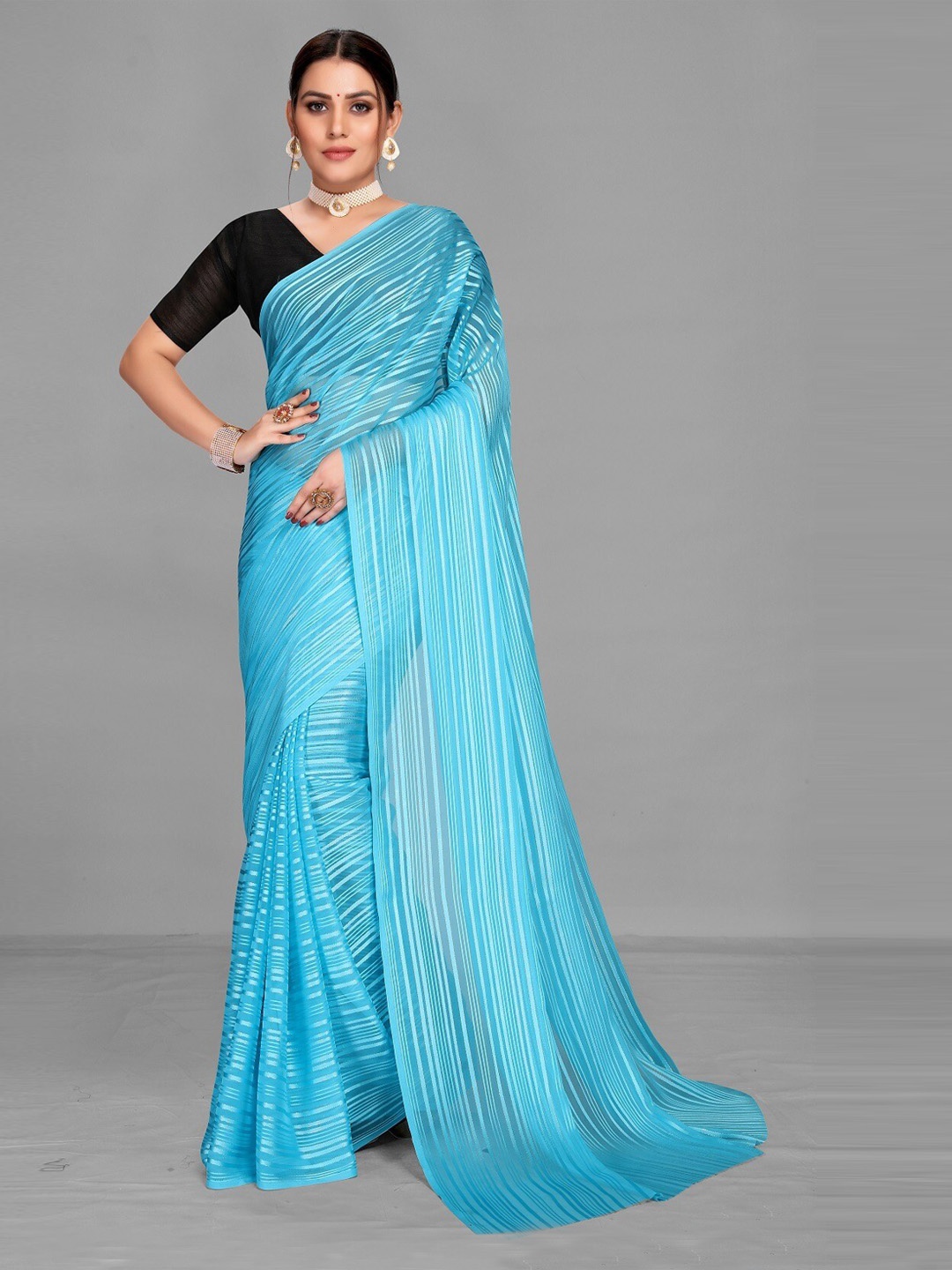 

Ethnic Yard Striped Pure Georgette Saree, Blue