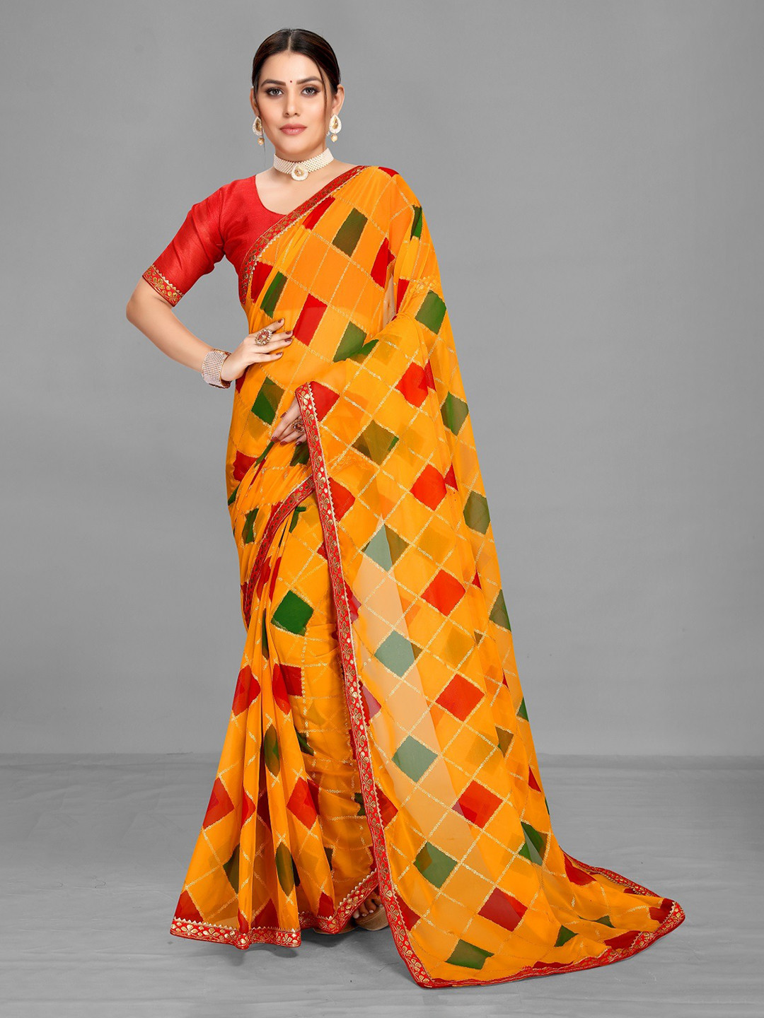 

Ethnic Yard Yellow & Red Geometric Printed Zari Saree