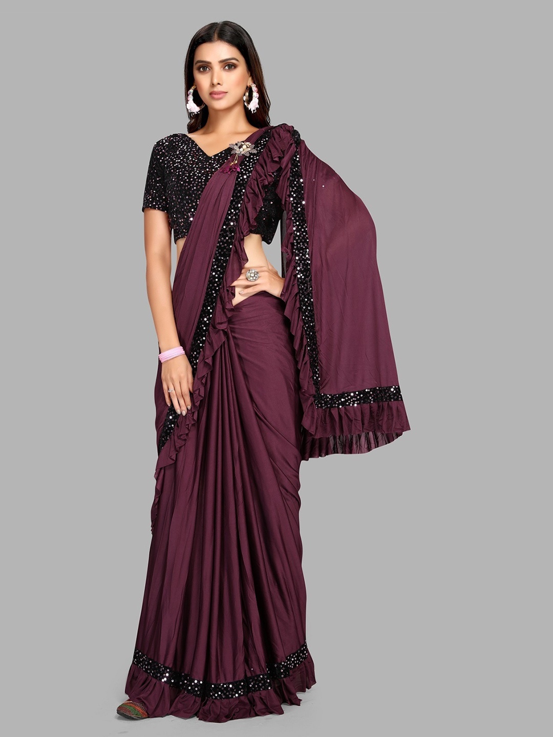 

Ethnic Yard Sequinned Ruffle Saree, Purple