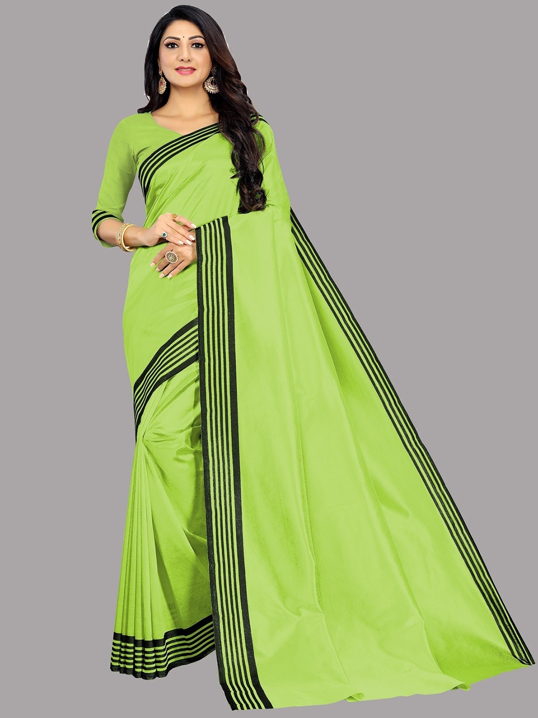 

Ethnic Yard Printed Border Cotton Saree, Green