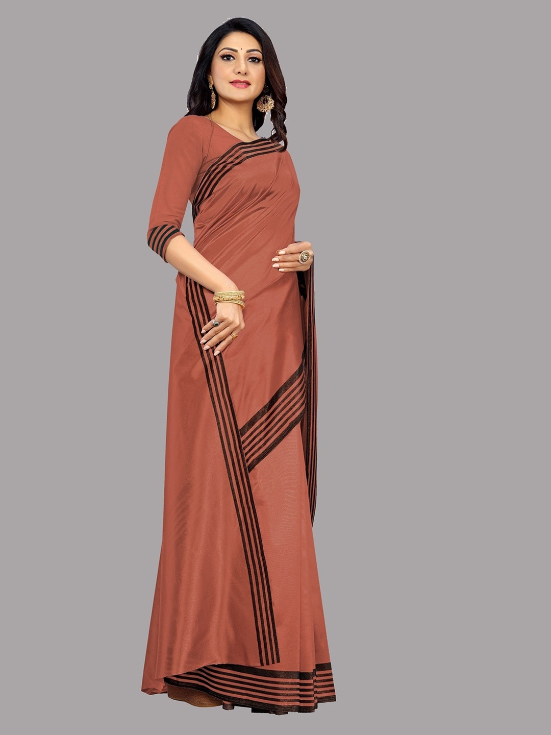

Ethnic Yard Printed Border Cotton Saree, Brown