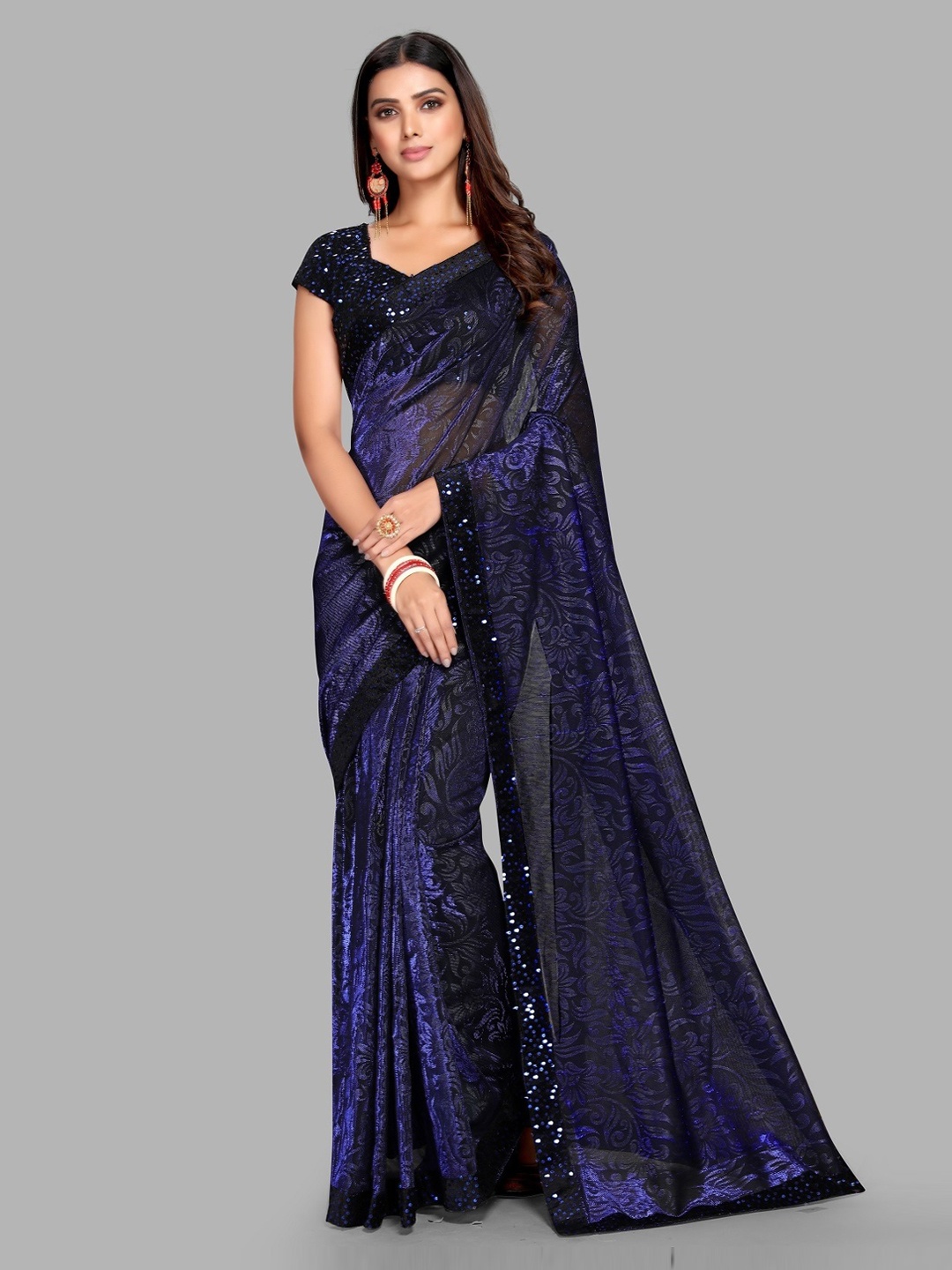

Ethnic Yard Ethnic Motifs Printed Sequinned Embellished Bordered Saree, Blue