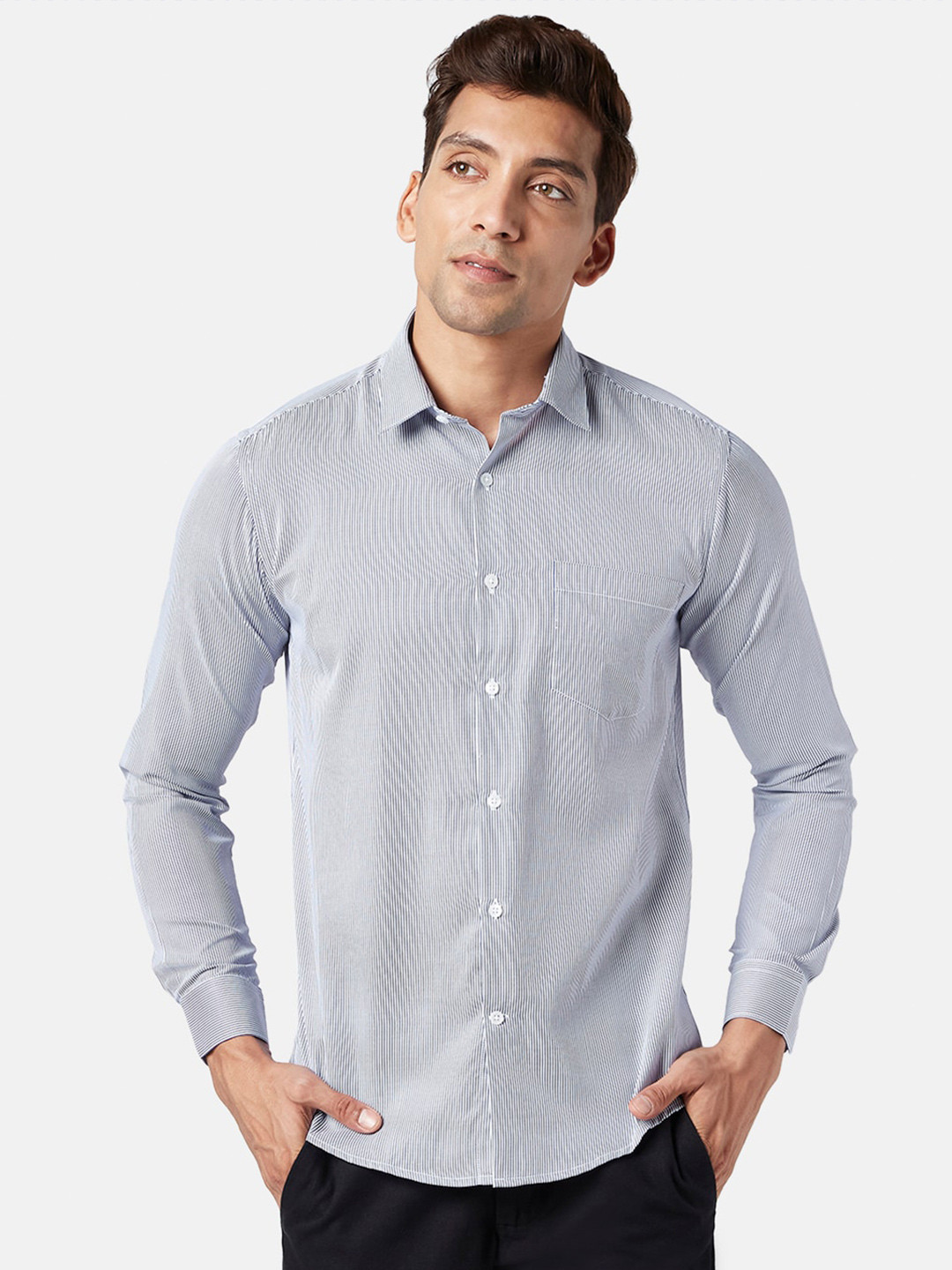 

BYFORD by Pantaloons Men Slim Fit Striped Cotton Formal Shirt, Blue
