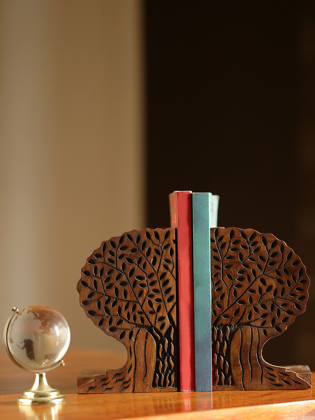 

ExclusiveLane Brown Hand-Engraved Tree Of Life Sheesham Wooden Book Ends Organiser