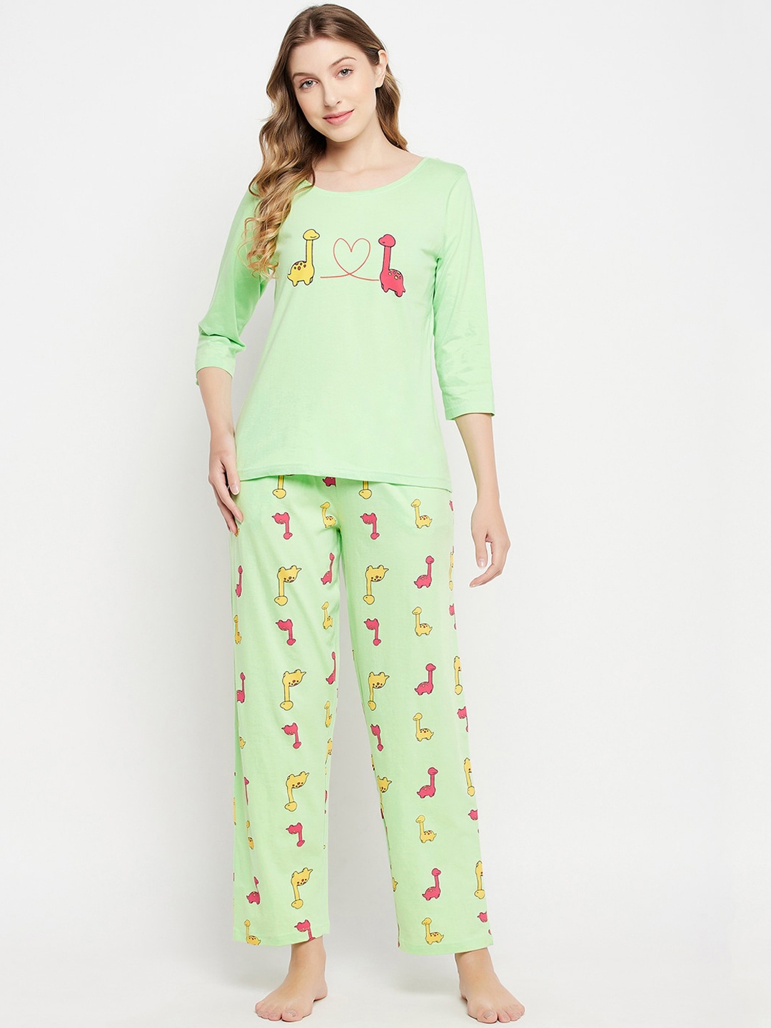 

Clovia Women Emoji Printed Cotton Night suit, Green