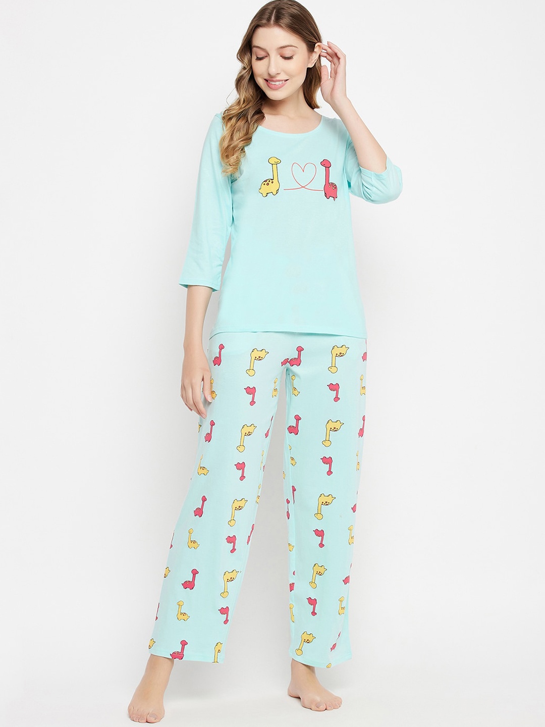

Clovia Women Pure Cotton Graphic Print Top & Pyjama Set, Blue