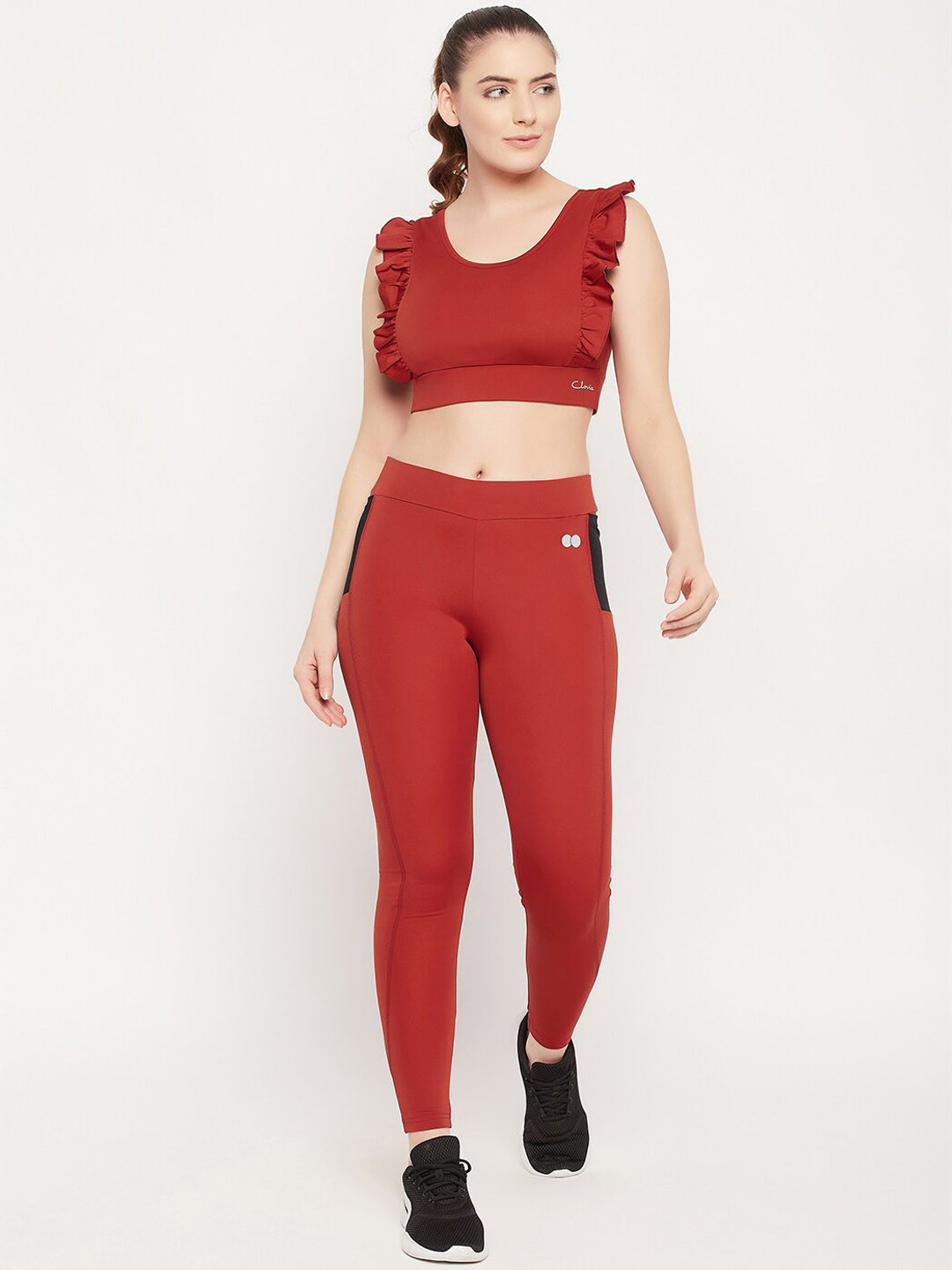 

Clovia Women Ruffled Padded Sports Bra & Tights Tracksuit, Rust