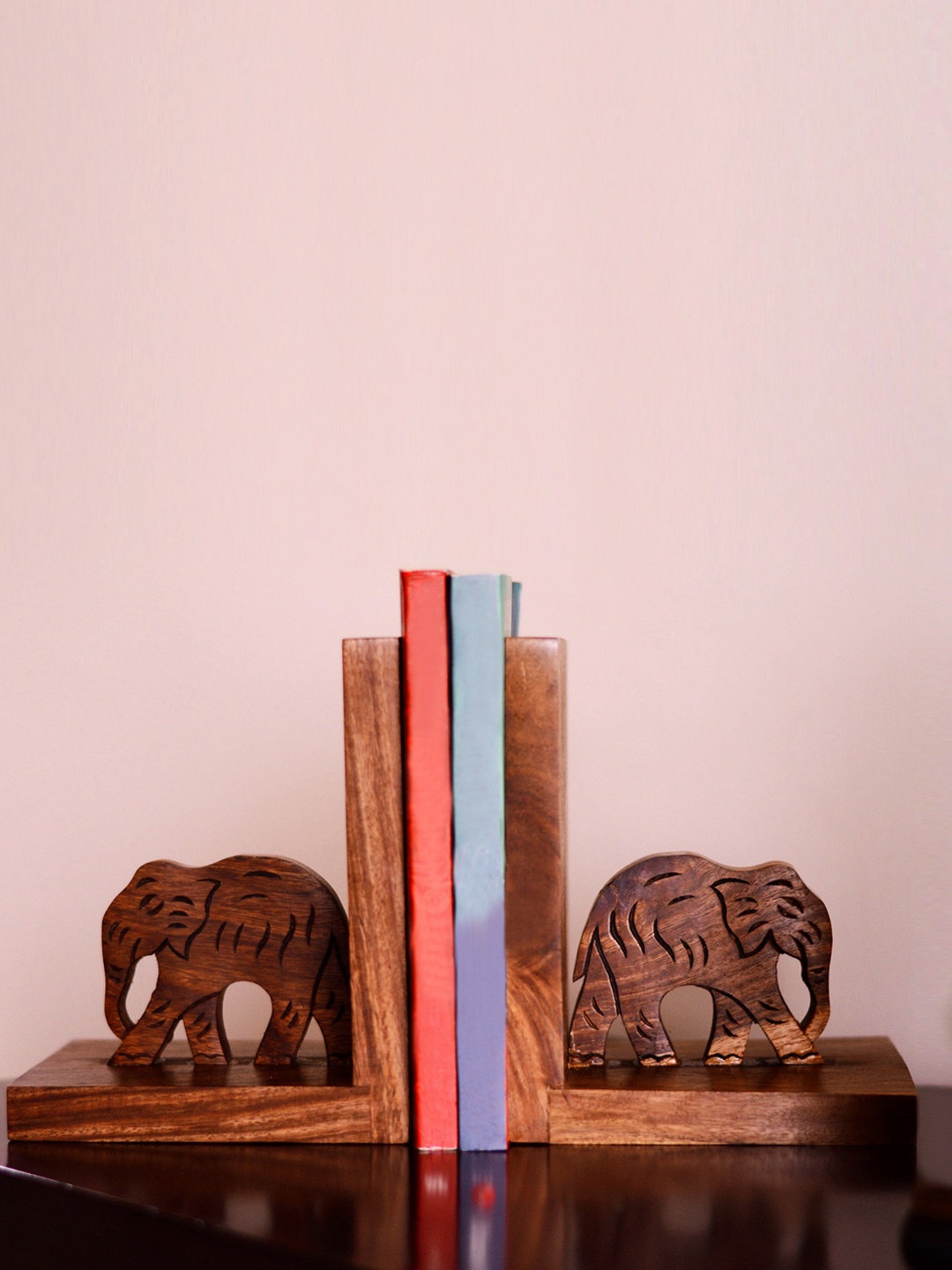 

ExclusiveLane Brown Hand-Carved Wooden Elephant Book Ends Organisers