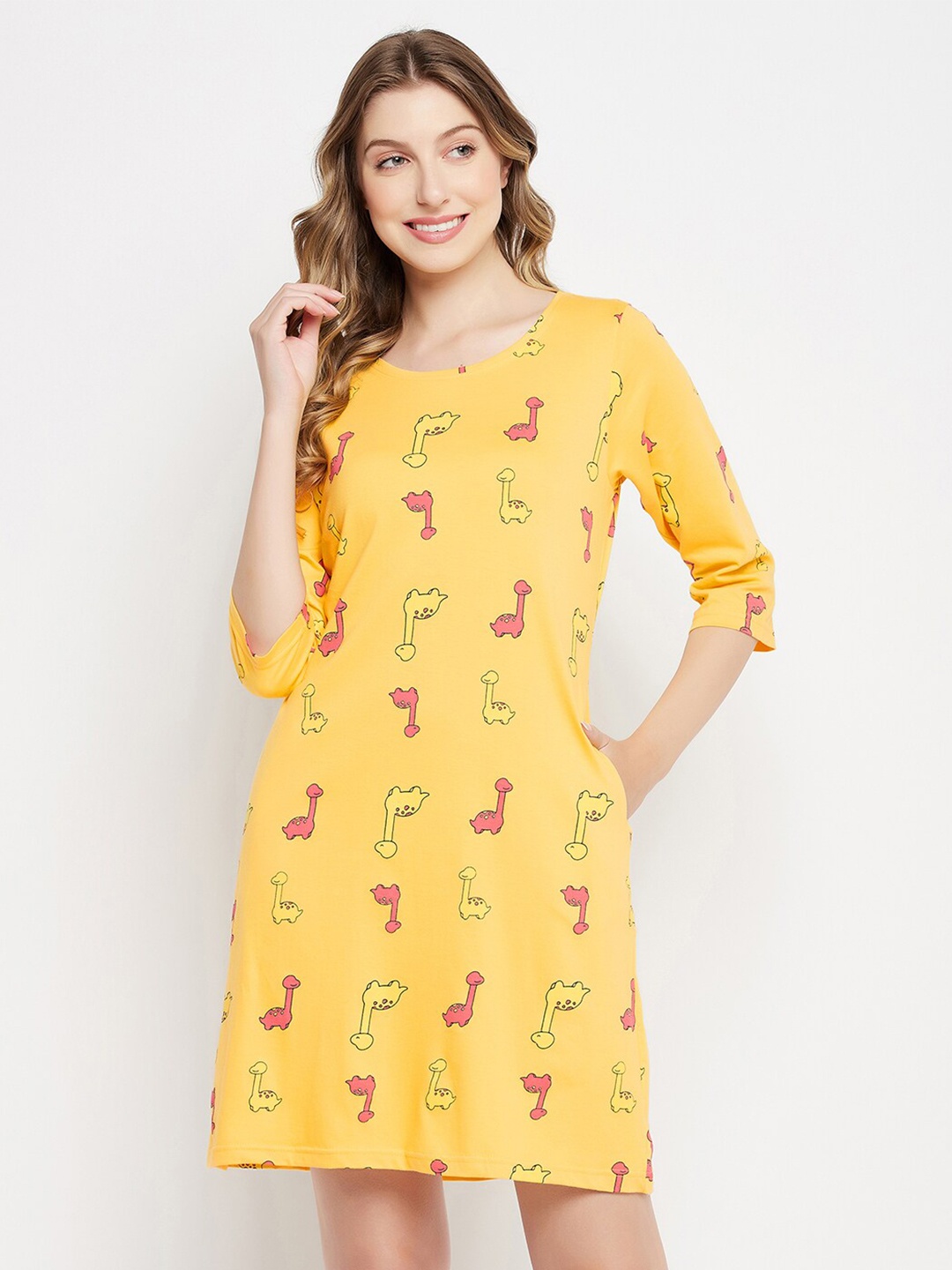 

Clovia Dinosaur Print Short Night Dress, Yellow