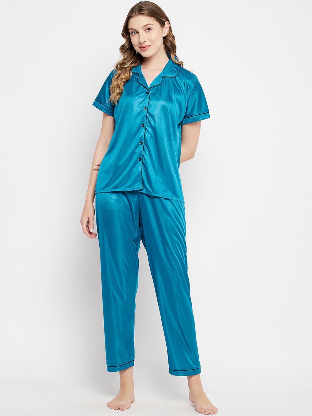 

Clovia Women Satin Chic Basic Button Down Shirt & Pyjama, Teal