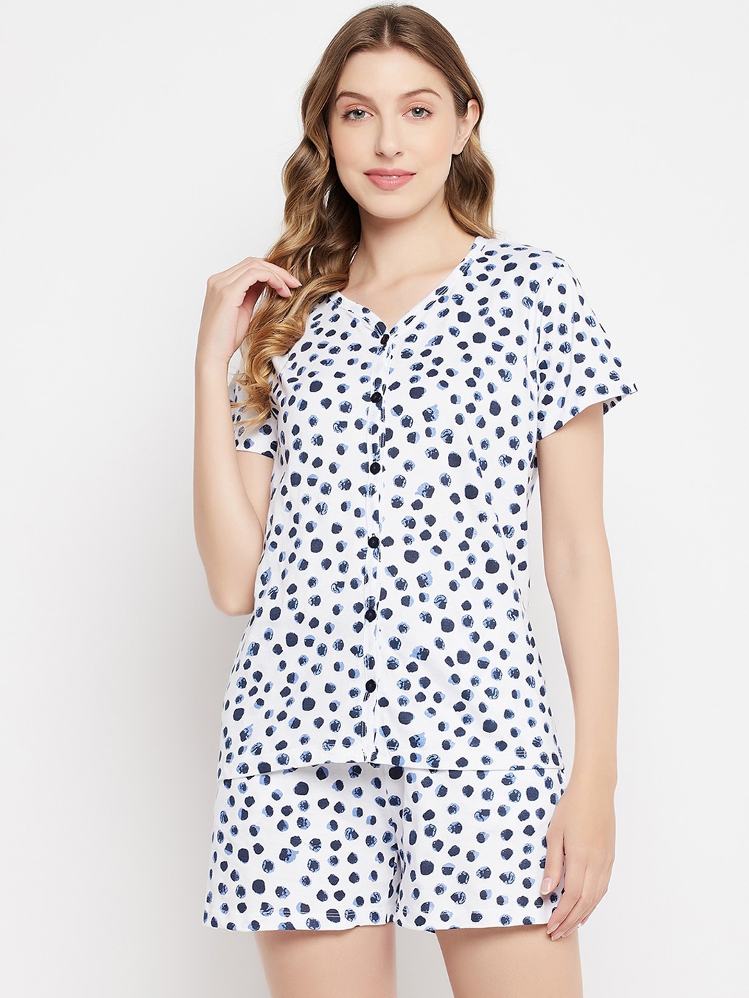 

Clovia Print Me Pretty 100% Cotton Button Down Top & Shorts Night suit, White