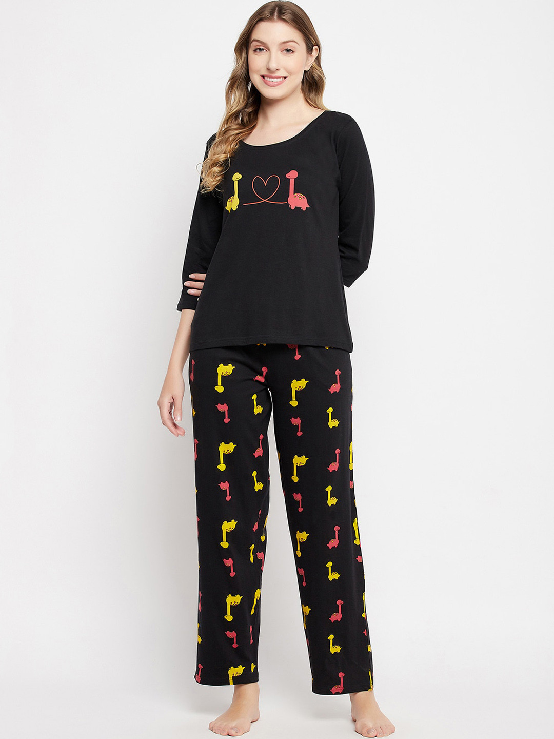 

Clovia Women Cotton Dinosaur Print Top & Pyjama Set, Black