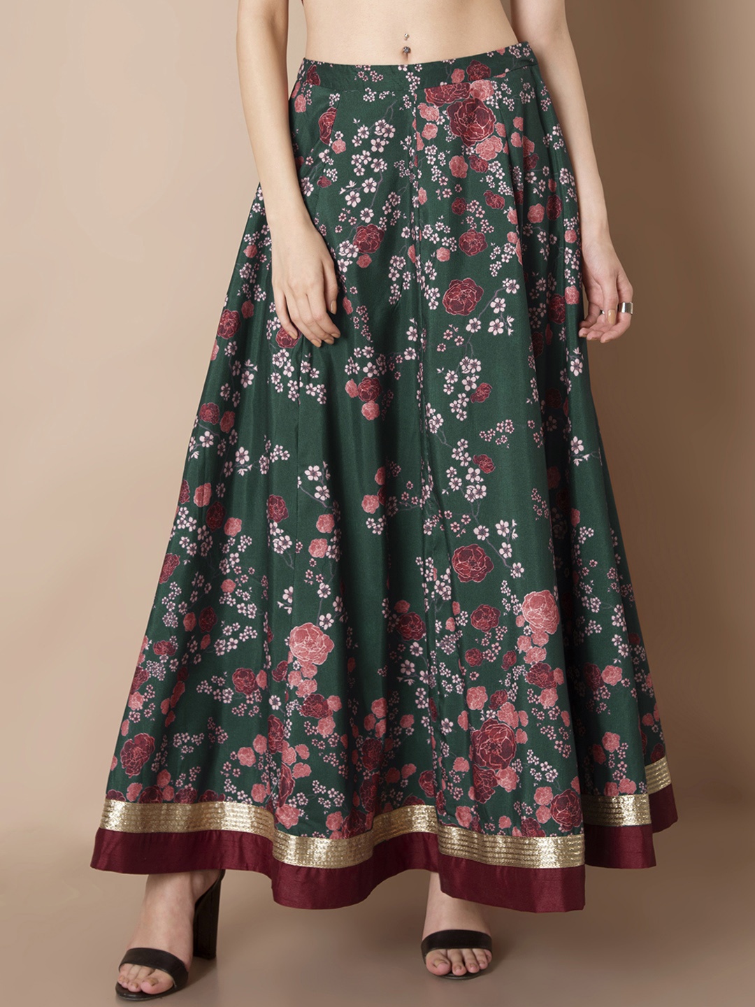 

INDYA Green Floral Print Flared Maxi Skirt