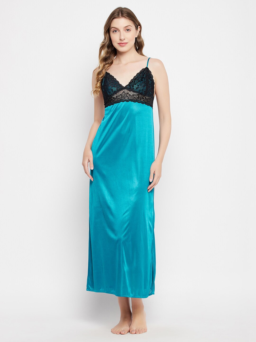 

Clovia Satin Chic Basic Long Night Dress, Teal