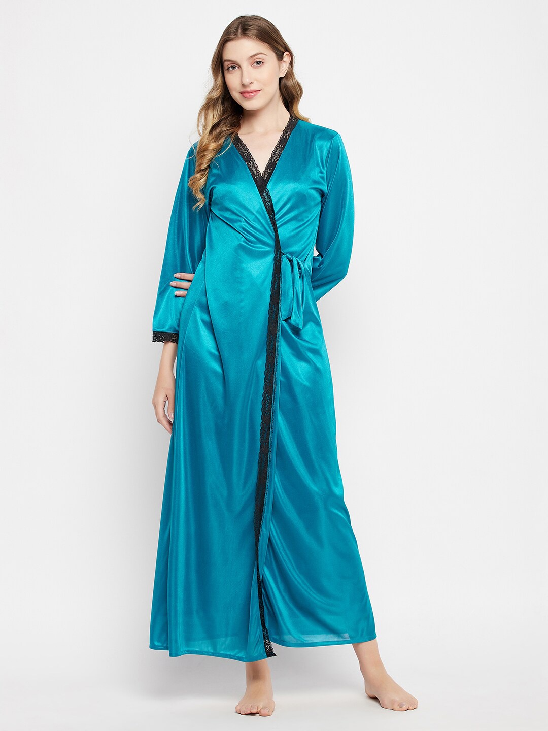 

Clovia Maxi Satin Nightdress With Robe, Teal