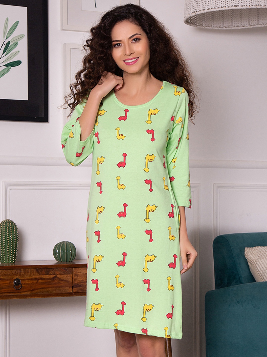 

Clovia Printed Pure Cotton Nightdress, Green