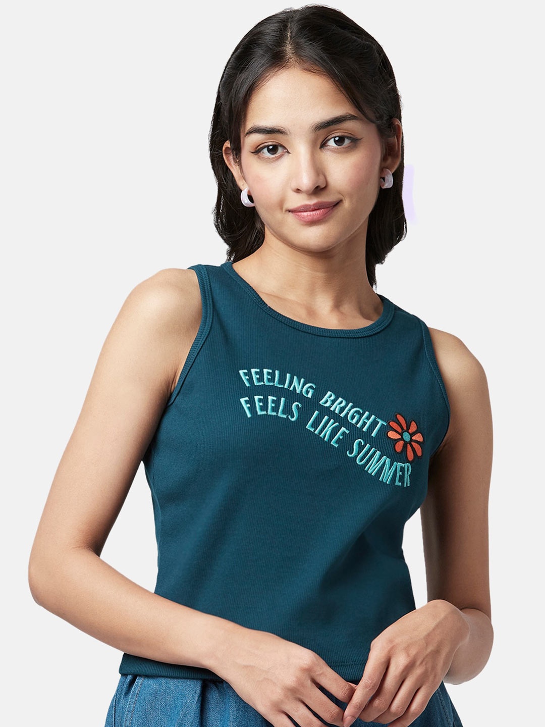 

YU by Pantaloons Pure Cotton Typography Printed Top, Green