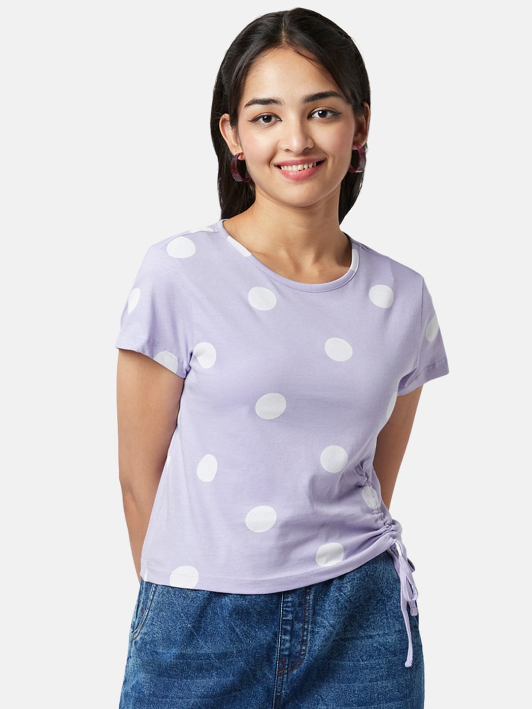 

YU by Pantaloons Polka Dots Printed Round Neck Top, Purple