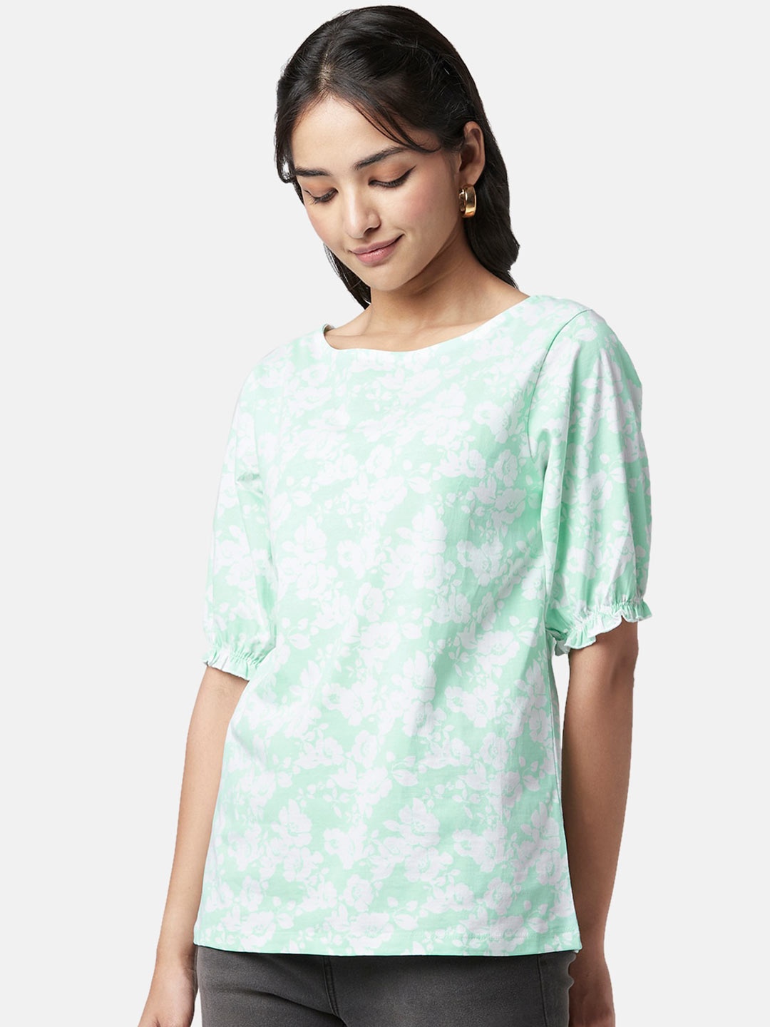 

YU by Pantaloons Turquoise Blue Floral Print Puff Sleeve Cotton Top