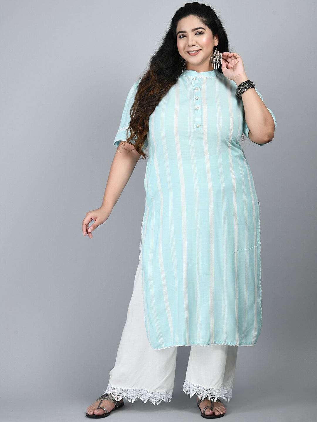 

PrettyPlus by Desinoor.com Striped Kurta with Palazzos, Sea green