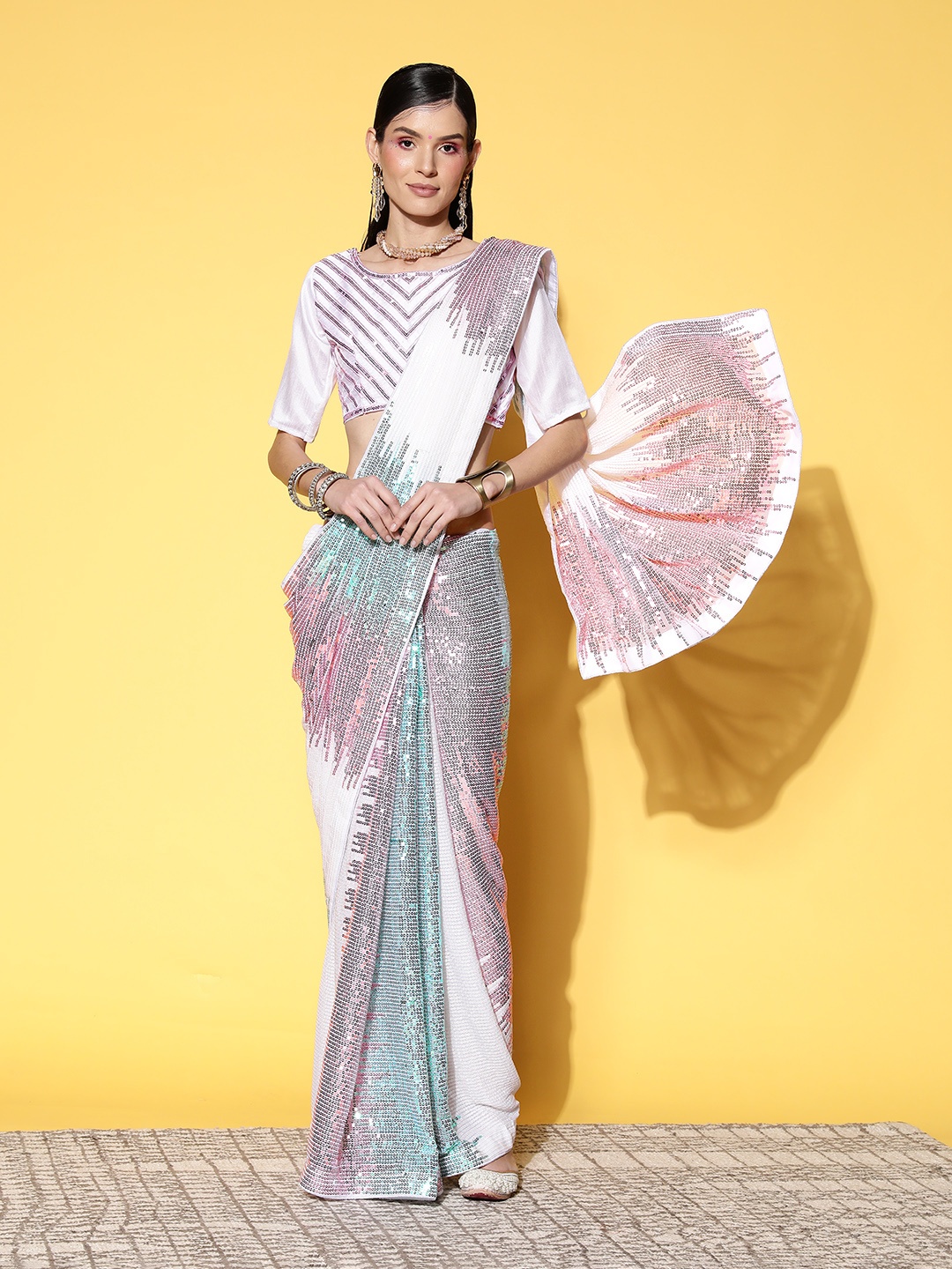 

Kalista Embellished Sequinned Saree, White