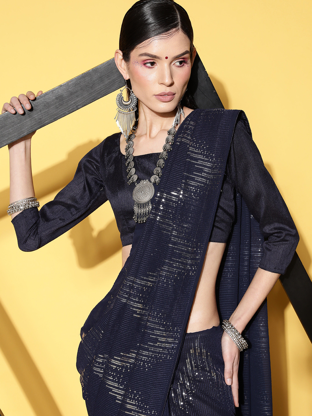 

Kalista Embellished Striped Sequinned Saree, Navy blue