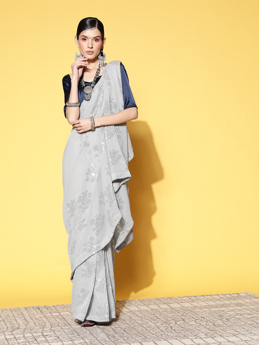 

Kalista Embellished Striped Sequinned Saree, Grey