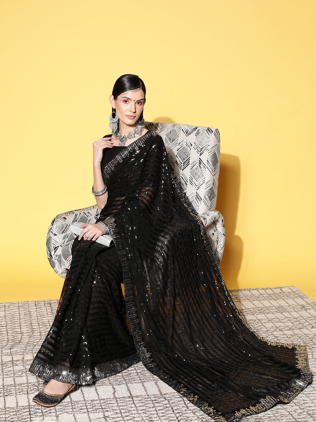 

Kalista Embellished Striped Sequinned Saree, Black