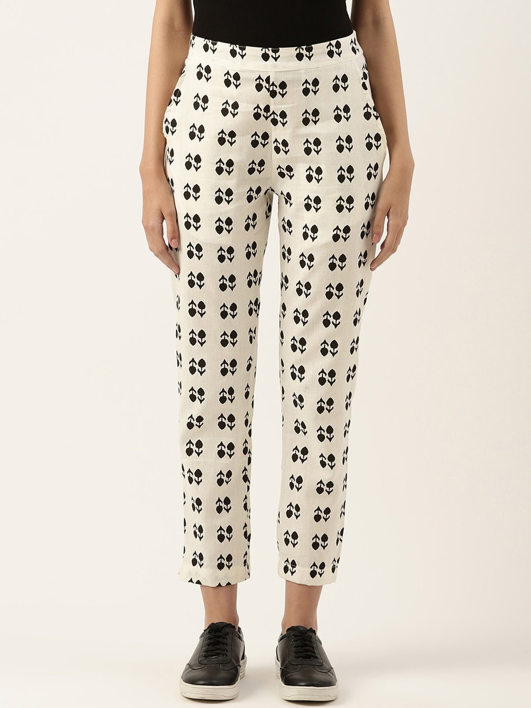 

Sangria Women Ethnic Motifs Printed Relaxed Straight Leg Cotton Trousers, White
