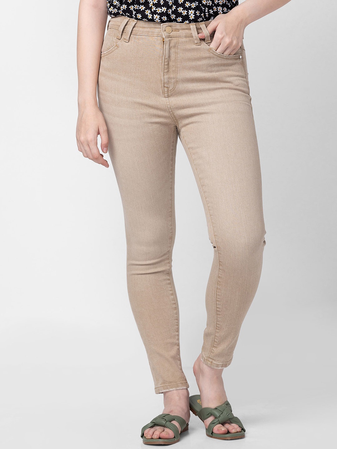 

SPYKAR Women Skinny Fit High-Rise Light Fade Cotton Jeans, Beige