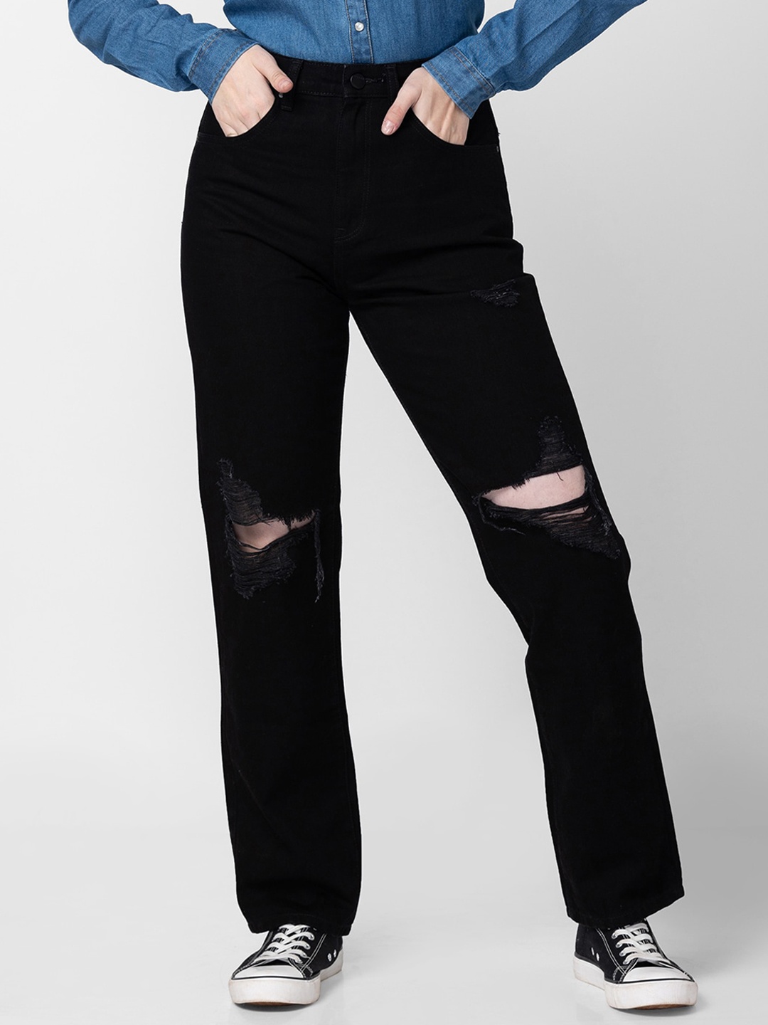

SPYKAR Women Straight Fit High-Rise Slash Knee Jeans, Black