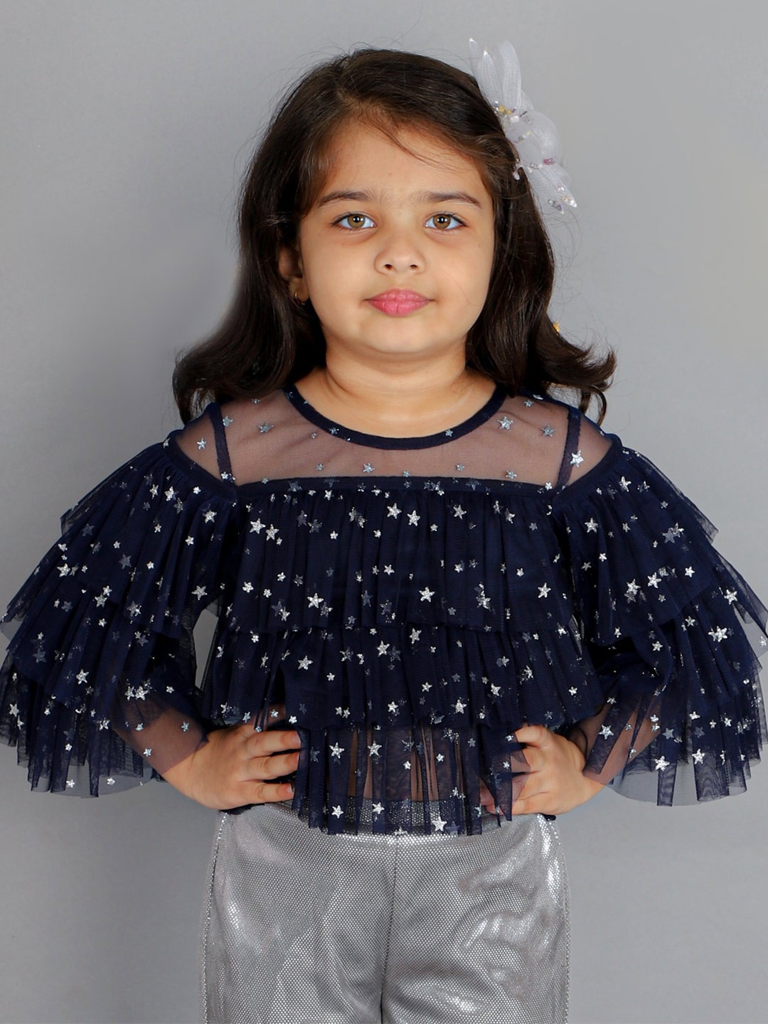 

LIL DRAMA Navy Blue & Silver-Toned Embellished Net Top