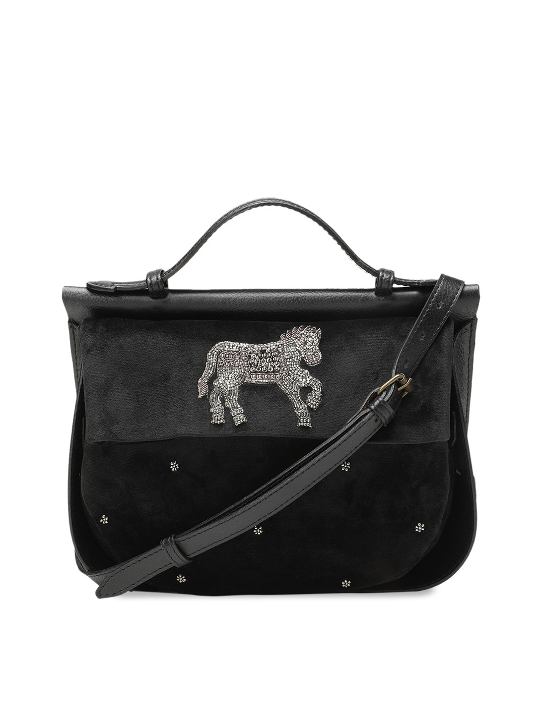 

Clotche Black Embellished Leather Structured Satchel