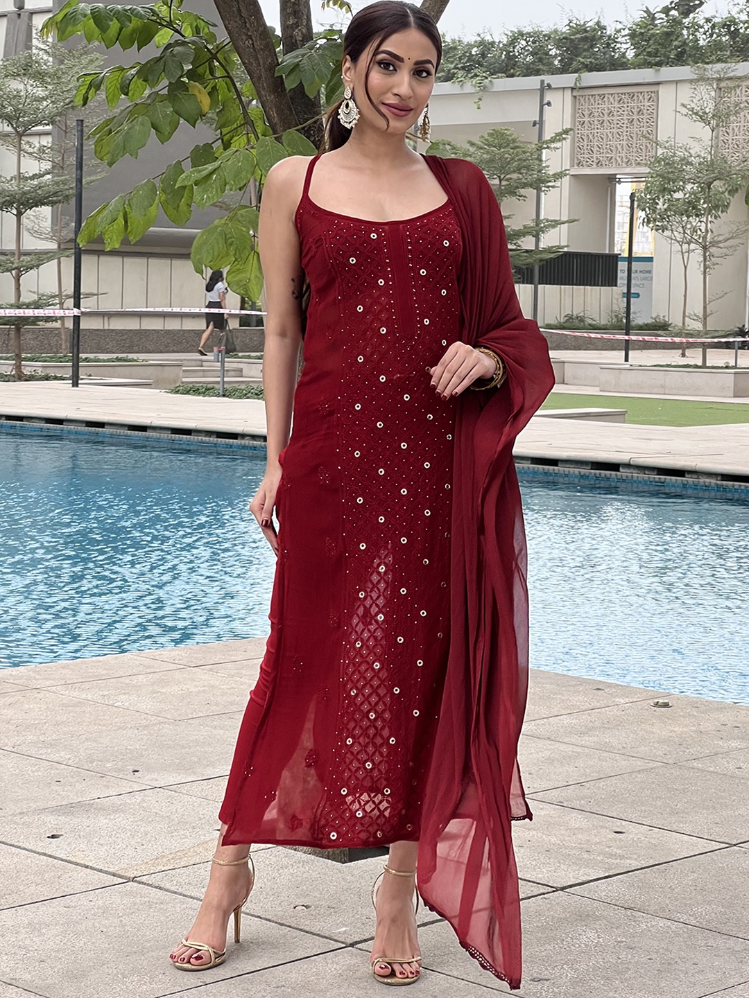 

LABEL AISHWARYRIKA Ethnic Motifs Embroidered Shoulder Strap Kurta with Trousers & Dupatta, Burgundy