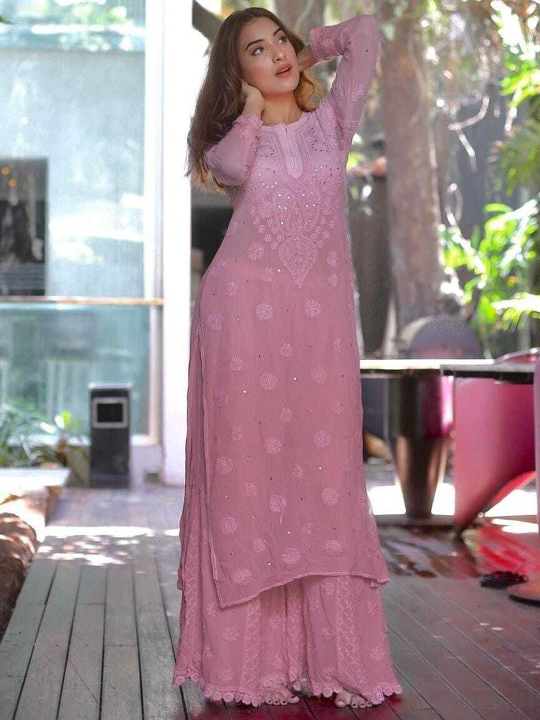 

LABEL AISHWARYRIKA Women Ethnic Embroidered Sequinned Notch Neck Kurta with Palazzos, Pink