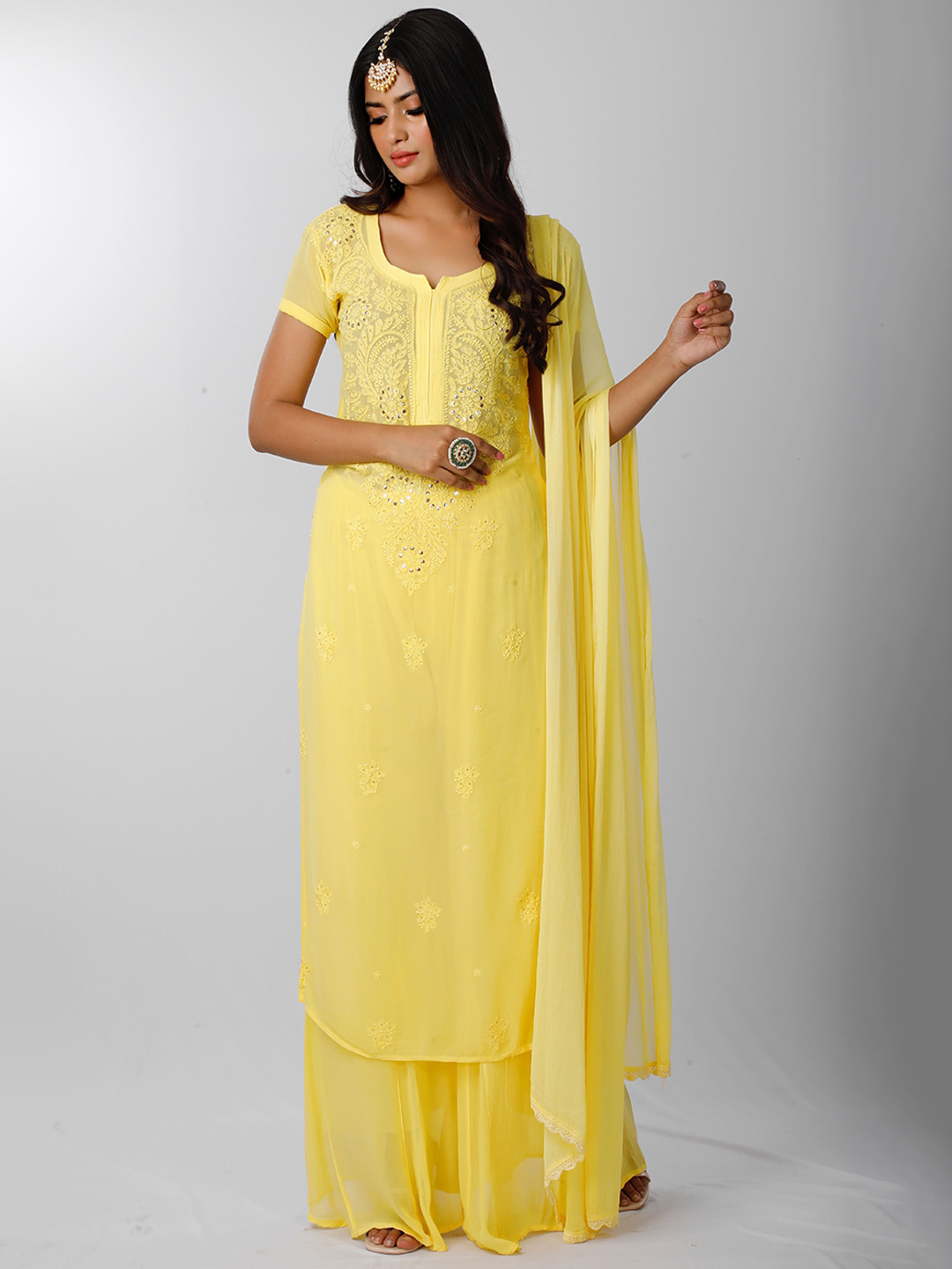 

LABEL AISHWARYRIKA Women Ethnic Motifs Embroidered Notch Neck Kurta with Sharara & Dupatta, Yellow