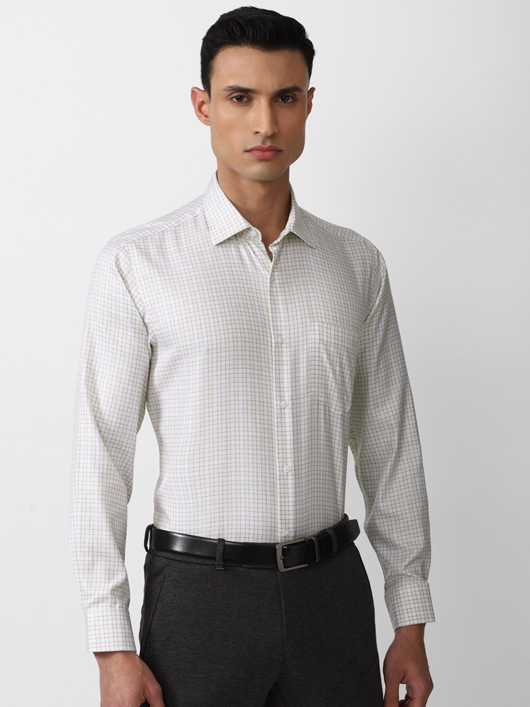

Van Heusen Men Grid Tattersall Checked Cotton Formal Shirt, Cream