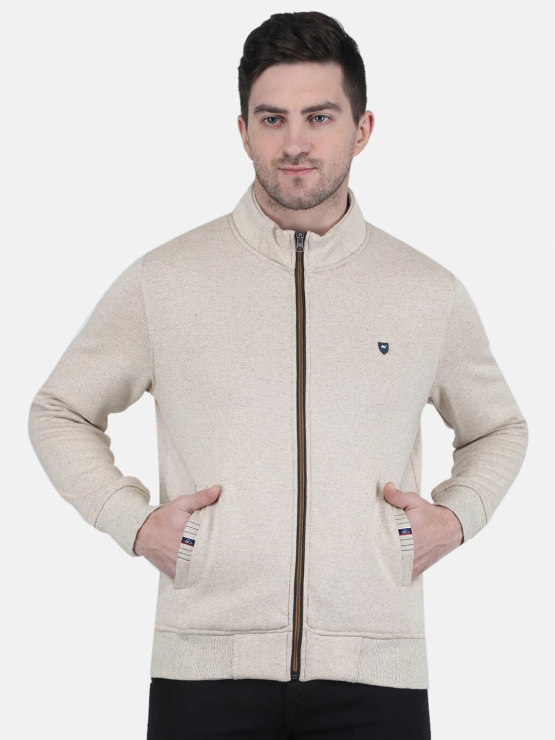 Monte Carlo Men Solid High Neck Front-Open Sweatshirt, Beige