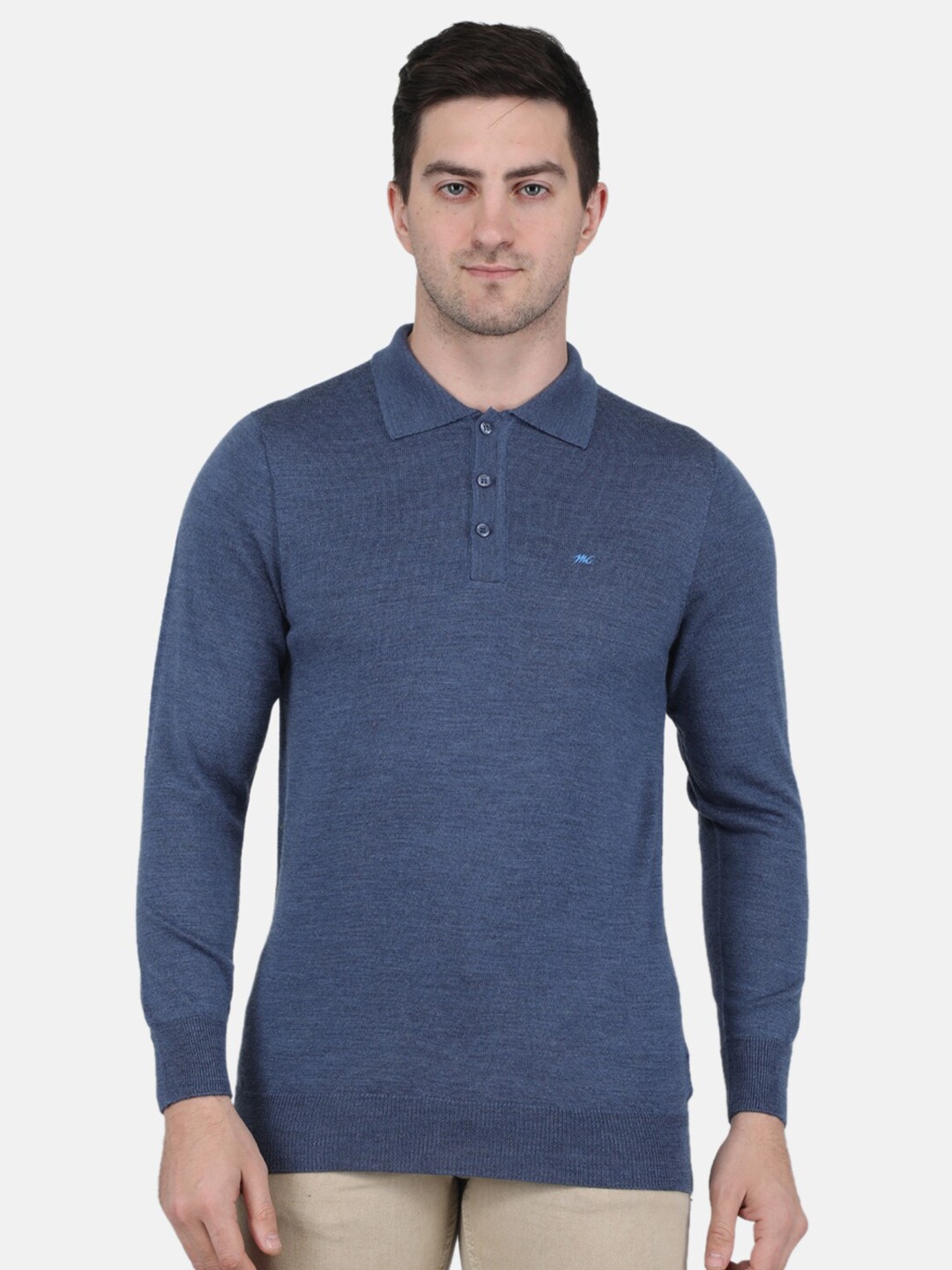 

Monte Carlo Men Solid Shirt Collar Wool Pullover Sweatshirt, Blue
