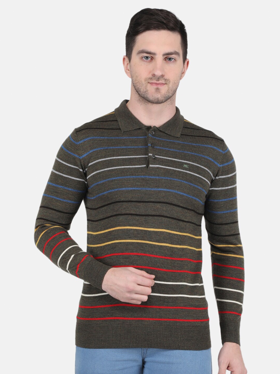 

Monte Carlo Men Striped Polo Collar T-shirt, Green