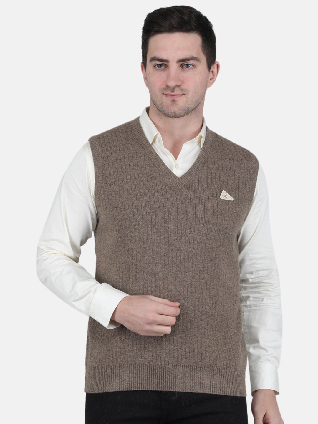 

Monte Carlo Men Lambs Wool Ribbed Sweater Vest, Beige