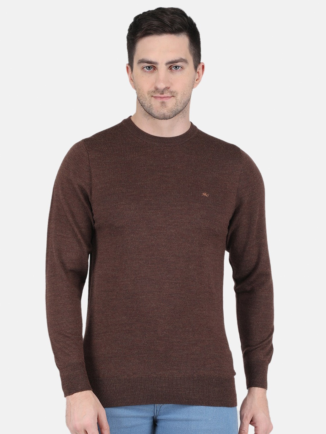 

Monte Carlo Men Pure Wool Solid Round Neck Pullover, Brown
