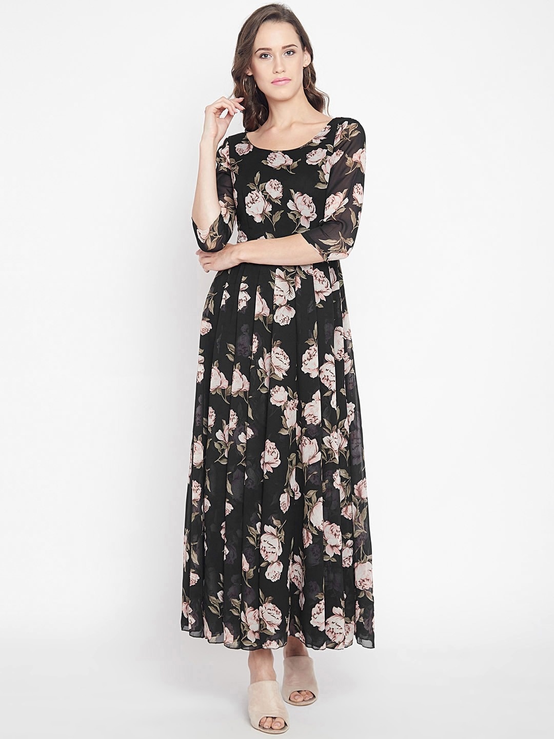 

PANIT Floral Georgette Maxi Ethnic Dress, Black