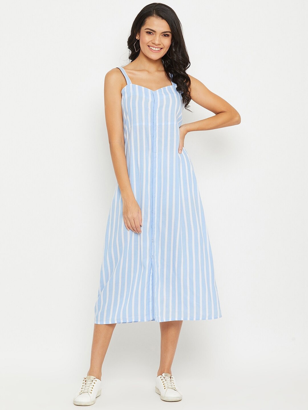 

PANIT Striped A-Line Shoulder Straps Midi Cotton Dress, Blue