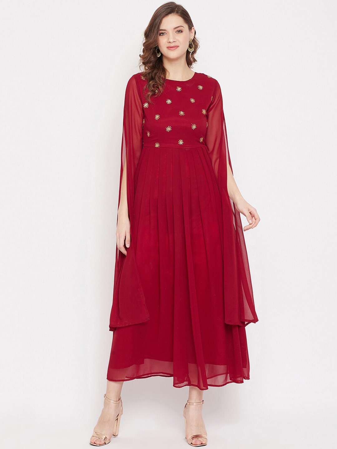 

PANIT Ethnic Motifs Embellished Georgette Maxi Dress, Maroon