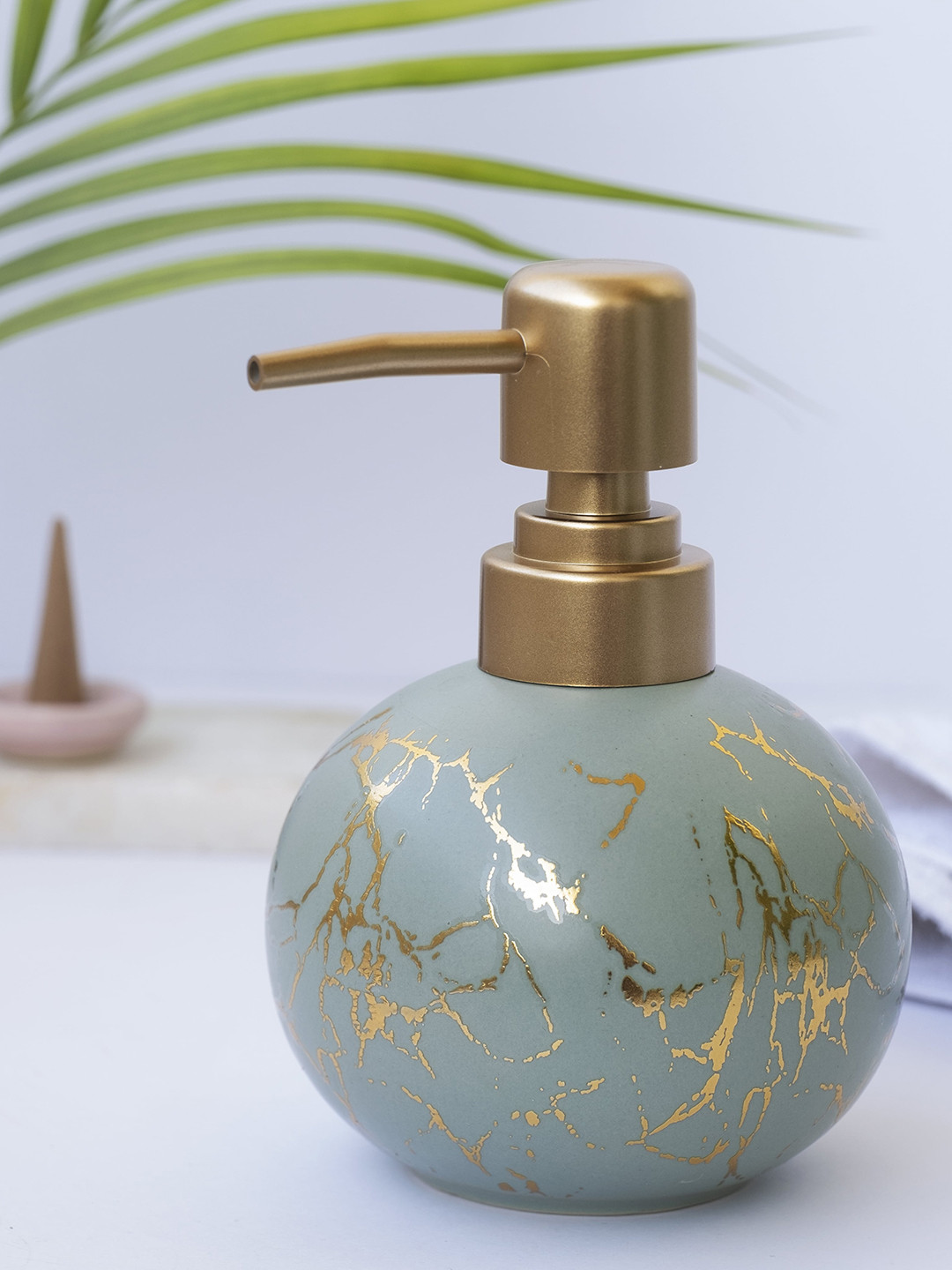 

Clasiko Pistachio Green & Gold Toned Printed Ceramic Round Liquid Soap Dispenser