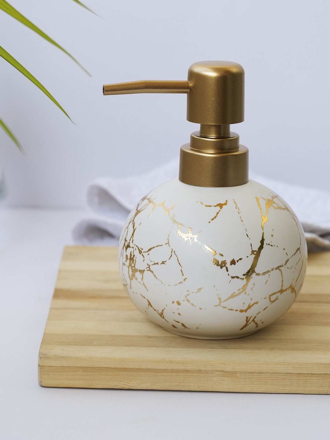 

Clasiko White & Golden Toned Printed Ceramic Round Liquid Soap Dispenser